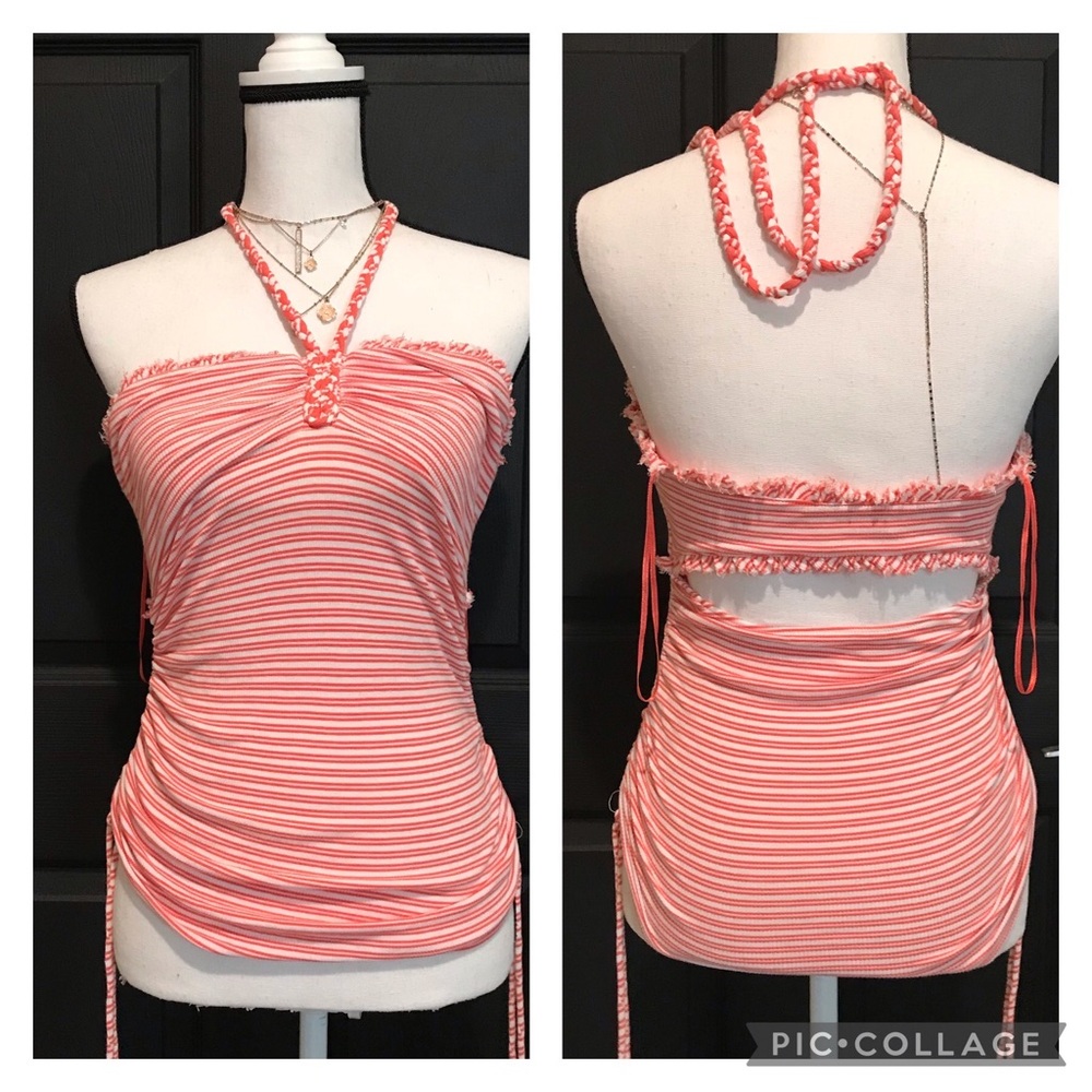 Guess Ruched Sides Coral Striped Halter Tank Top
